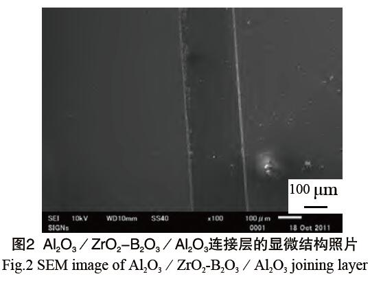 圖2 Al2O3／ZrO2-B2O3／Al2O3連接層的顯微結構照片